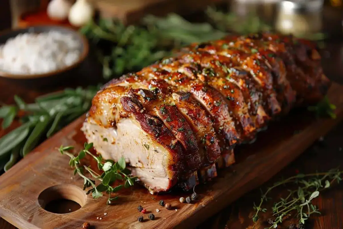 Un rôti de porc au four, tranché et garni d'herbes, prêt à être dégusté. Le temps cuisson rôti de porc au four moelleux est essentiel pour ce plat.
