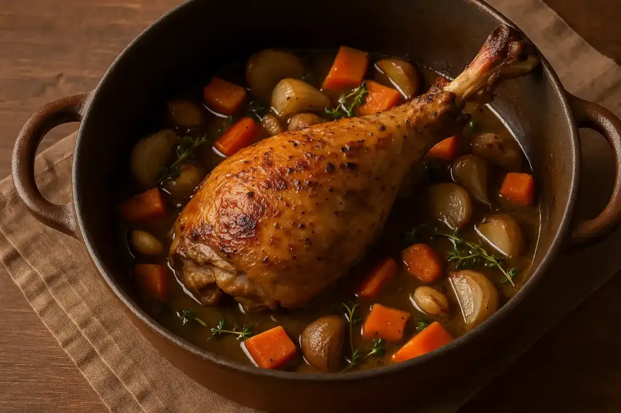 Une savoureuse cuisse de dinde au four, mijot&eacute;e avec des carottes, des oignons et des herbes dans un jus parfum&eacute;.