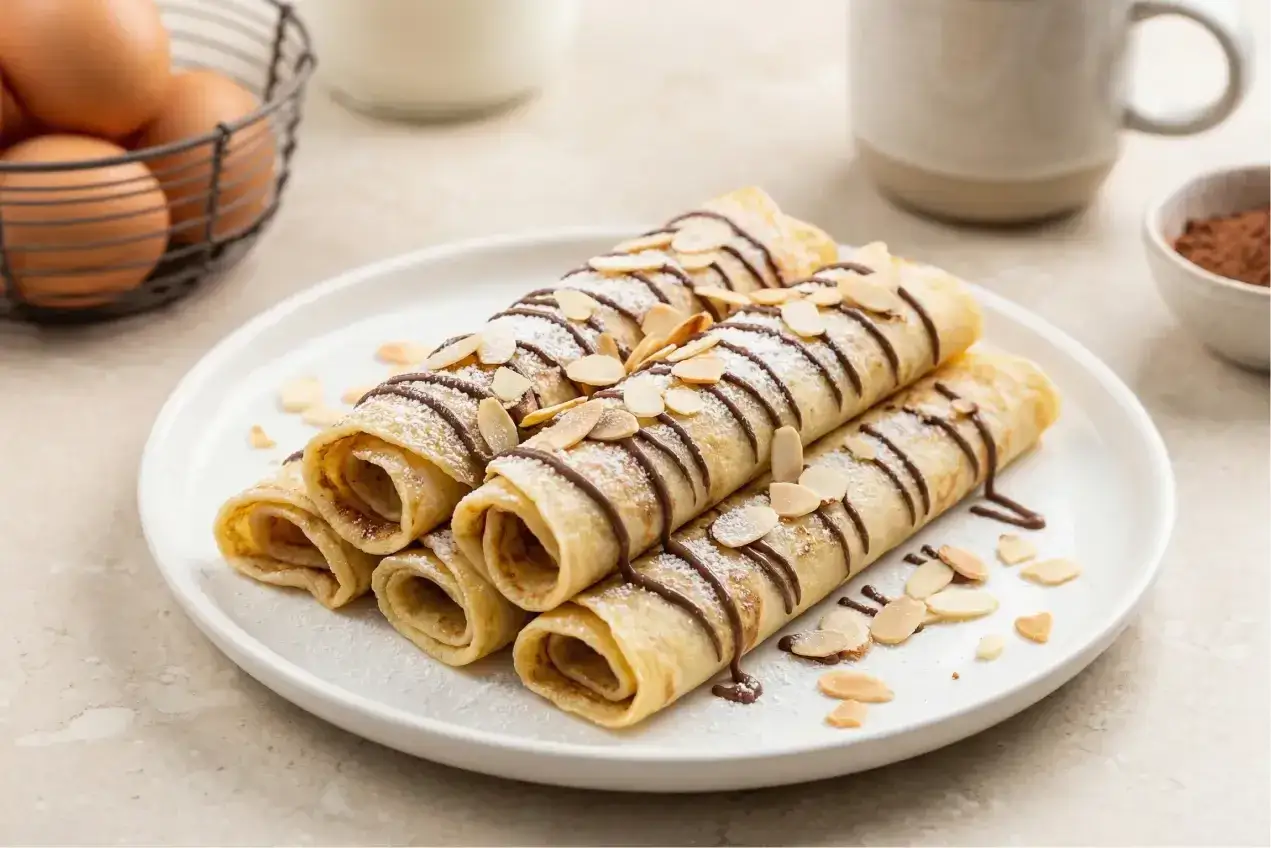 Crêpes roulées garnies de chocolat et d'amandes effilées, saupoudrées de sucre glace. Parfaites pour garder les crêpes au chaud.