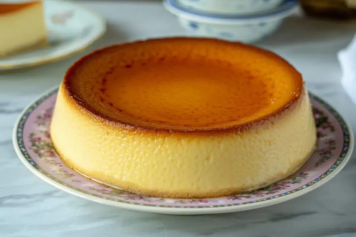 Un délicieux flan pâtissier sans pâte, avec un caramel doré et une texture crémeuse, servi sur une assiette fleurie.
