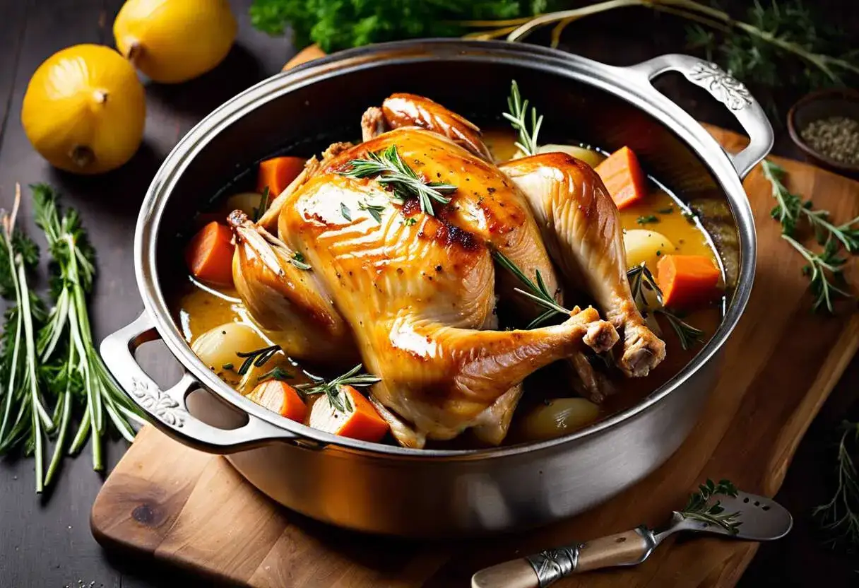 Un appétissant poulet braisé doré, entouré de carottes et de pommes de terre, garni de romarin frais.