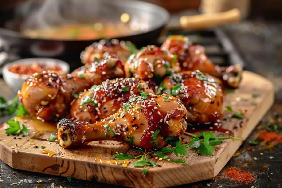 Un assortiment appétissant de pilons de poulet glacés, saupoudrés de graines de sésame et de persil frais, sur une planche en bois.