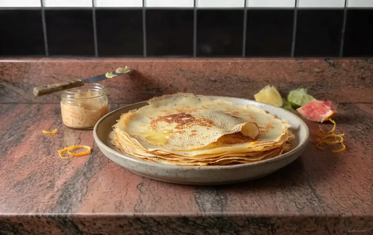 Pile de crêpes dorées, garnies de miel. À côté, un pot de crème, des quartiers d'agrumes et des zestes d'orange. Parfait pour une recette pâte à crêpe facile.