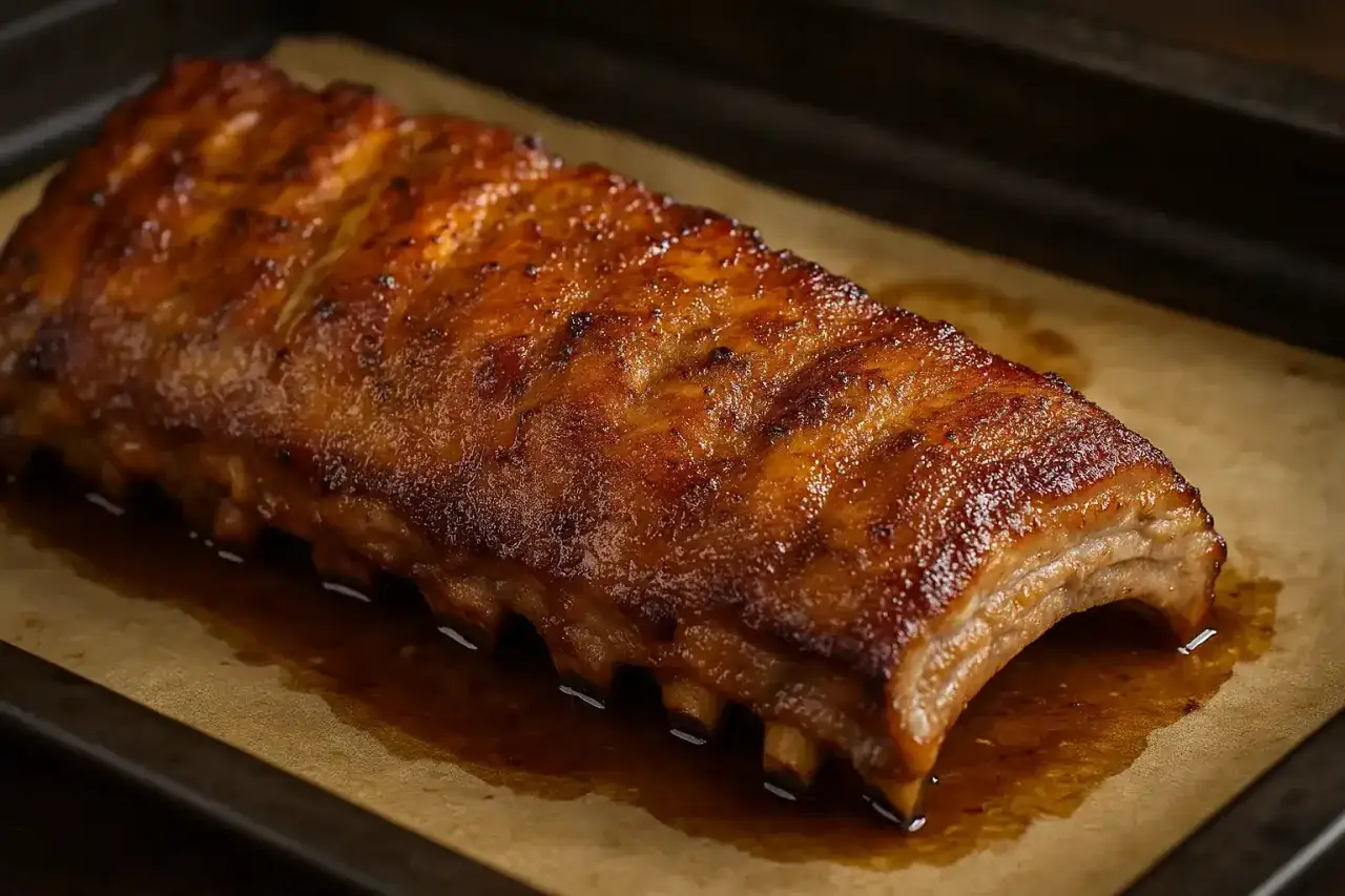 Un plat appétissant de travers de porc glacés, dorés et juteux, posés sur du papier sulfurisé dans une plaque de cuisson.