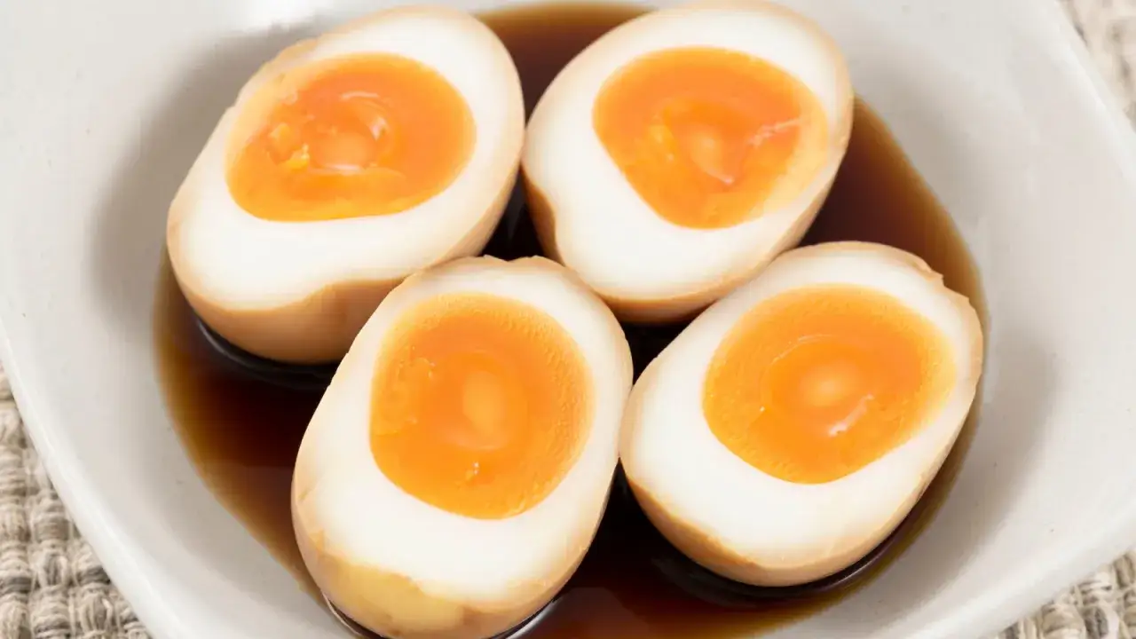 Quatre moitiés d'œufs durs, avec un jaune orangé parfait, baignant dans une sauce brune. La cuisson œuf dur est réussie.