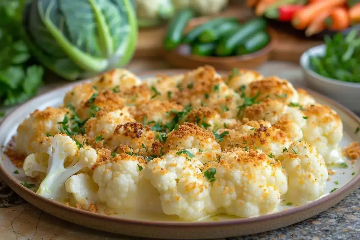 Un plat de gratin de chou-fleur dor&eacute; et app&eacute;tissant, garni de chapelure croustillante et de persil frais.