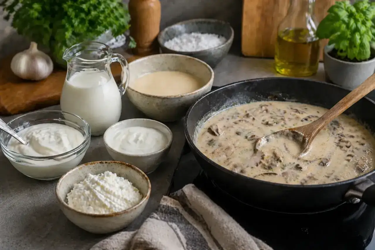 Divers produits laitiers comme le yaourt, le fromage blanc et le lait sont présentés, offrant des alternatives pour remplacer la crème fraîche dans une sauce aux champignons.