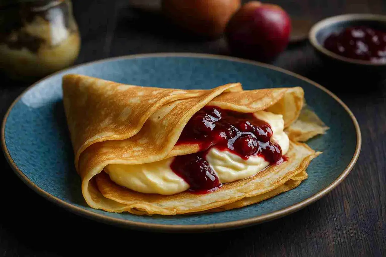 Crêpe garnie de crème et de cerises. La pâte, peut-être avec trop de beurre, est dorée et moelleuse.
