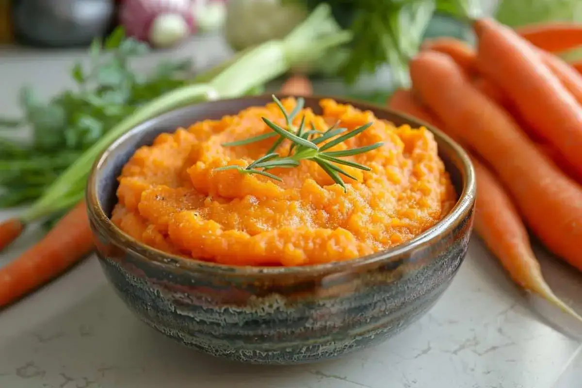 Un bol de pur&eacute;e de carotte onctueuse, garni d'une branche de romarin, avec des carottes fra&icirc;ches en arri&egrave;re-plan.