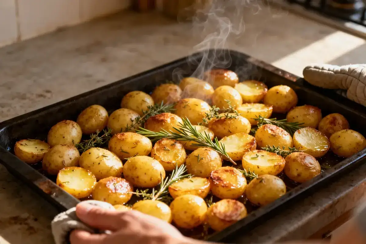 Une poêle de pommes de terre grenaille au four, dorées et fumantes, garnies de romarin et de thym. Un délice croustillant prêt à être dégusté.