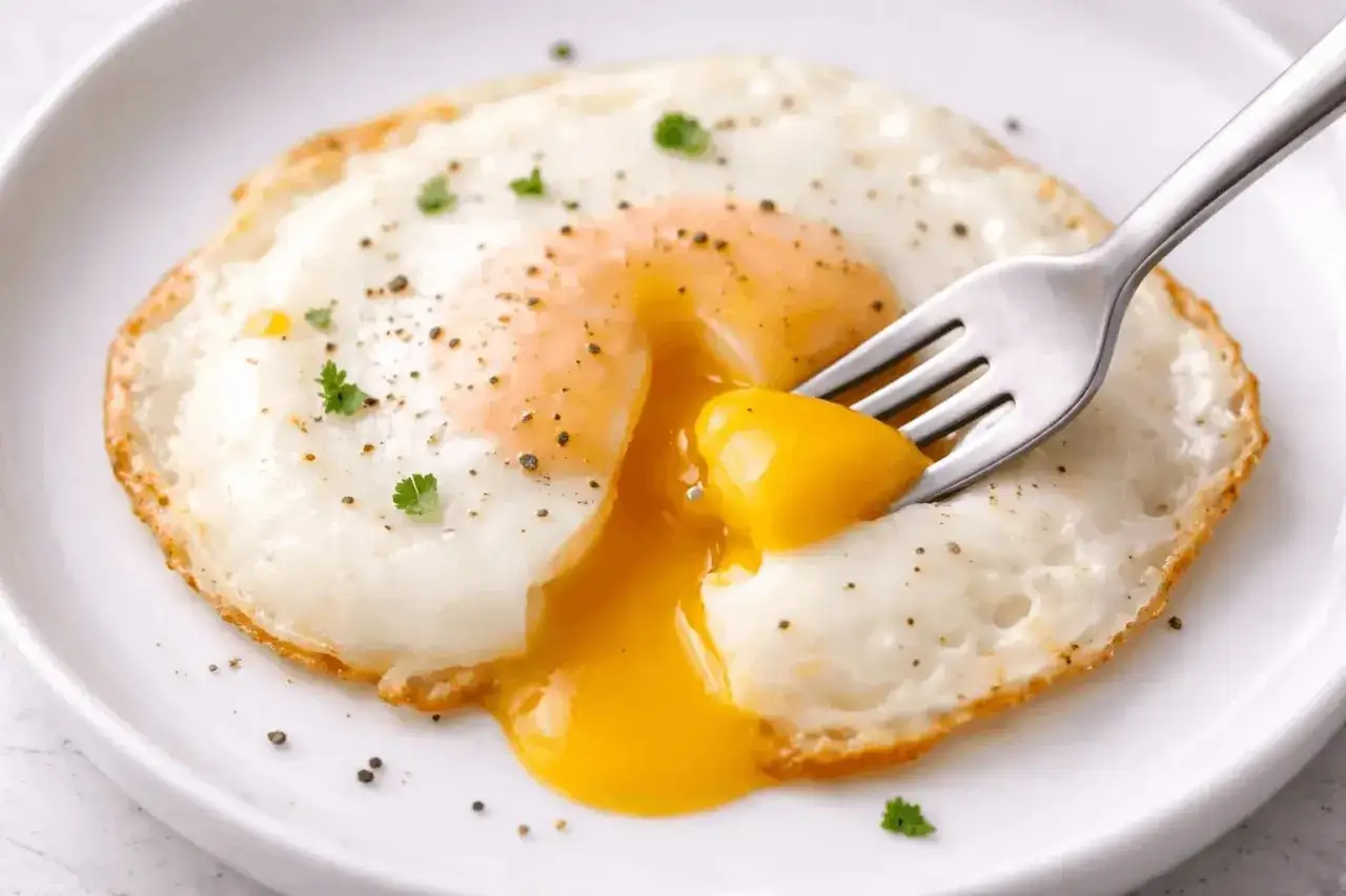 Un œuf mollet parfaitement cuit, sa sauce dorée coulant sur l'assiette. Un délice à savourer avec une fourchette.