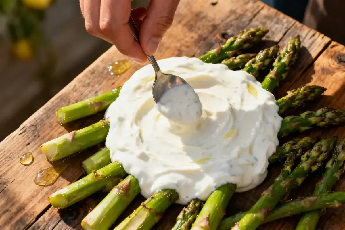 Une cuill&egrave;re d&eacute;pose une sauce l&eacute;g&egrave;re pour asperges sur un lit de l&eacute;gumes verts grill&eacute;s, sur une planche en bois.