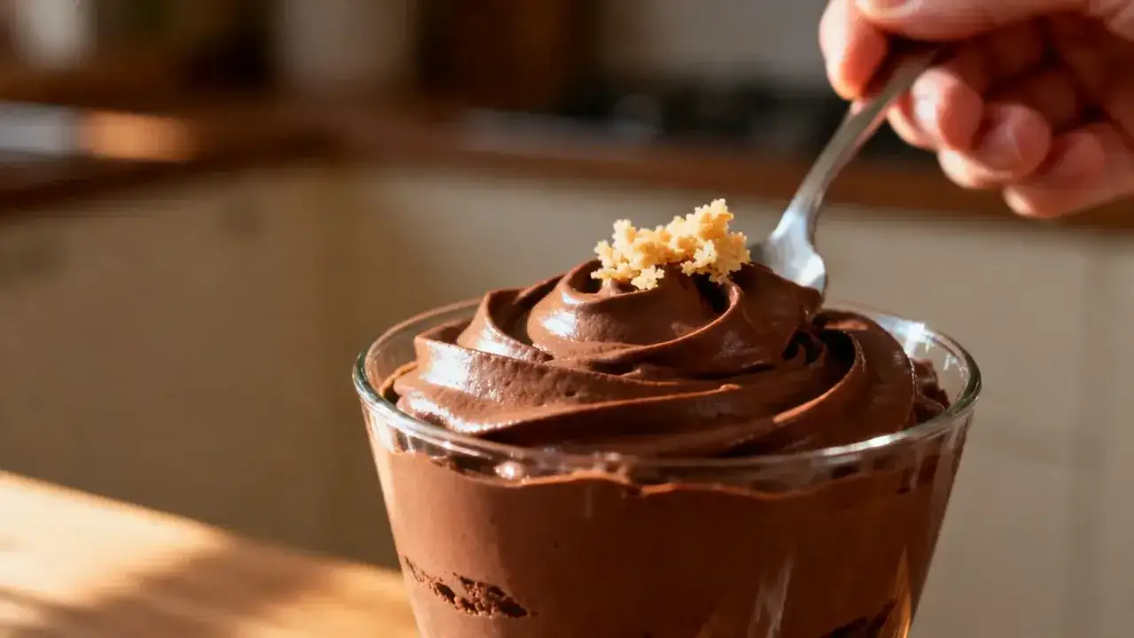 Une cuillère plonge dans une coupe de recette mousse au chocolat onctueuse, garnie de miettes dorées.