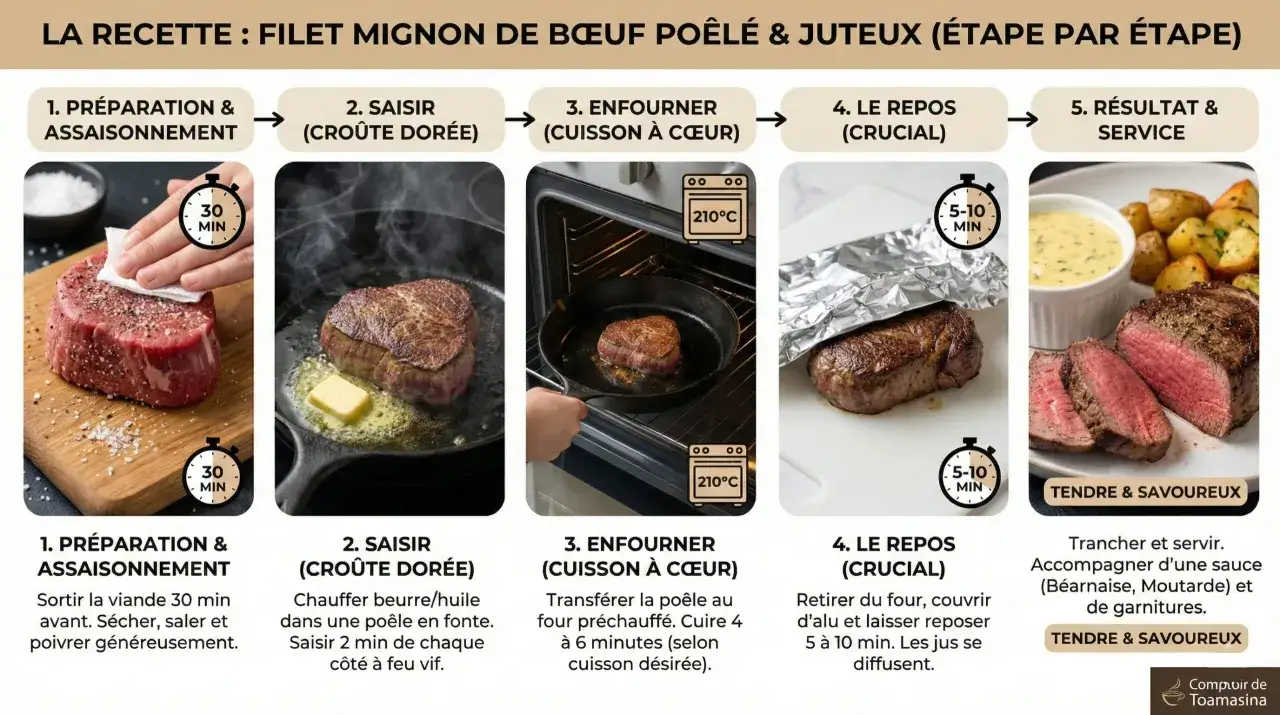 Étapes pour un filet mignon de bœuf poêlé et juteux : préparation, saisie, cuisson au four, repos, puis service avec sauce et garnitures.