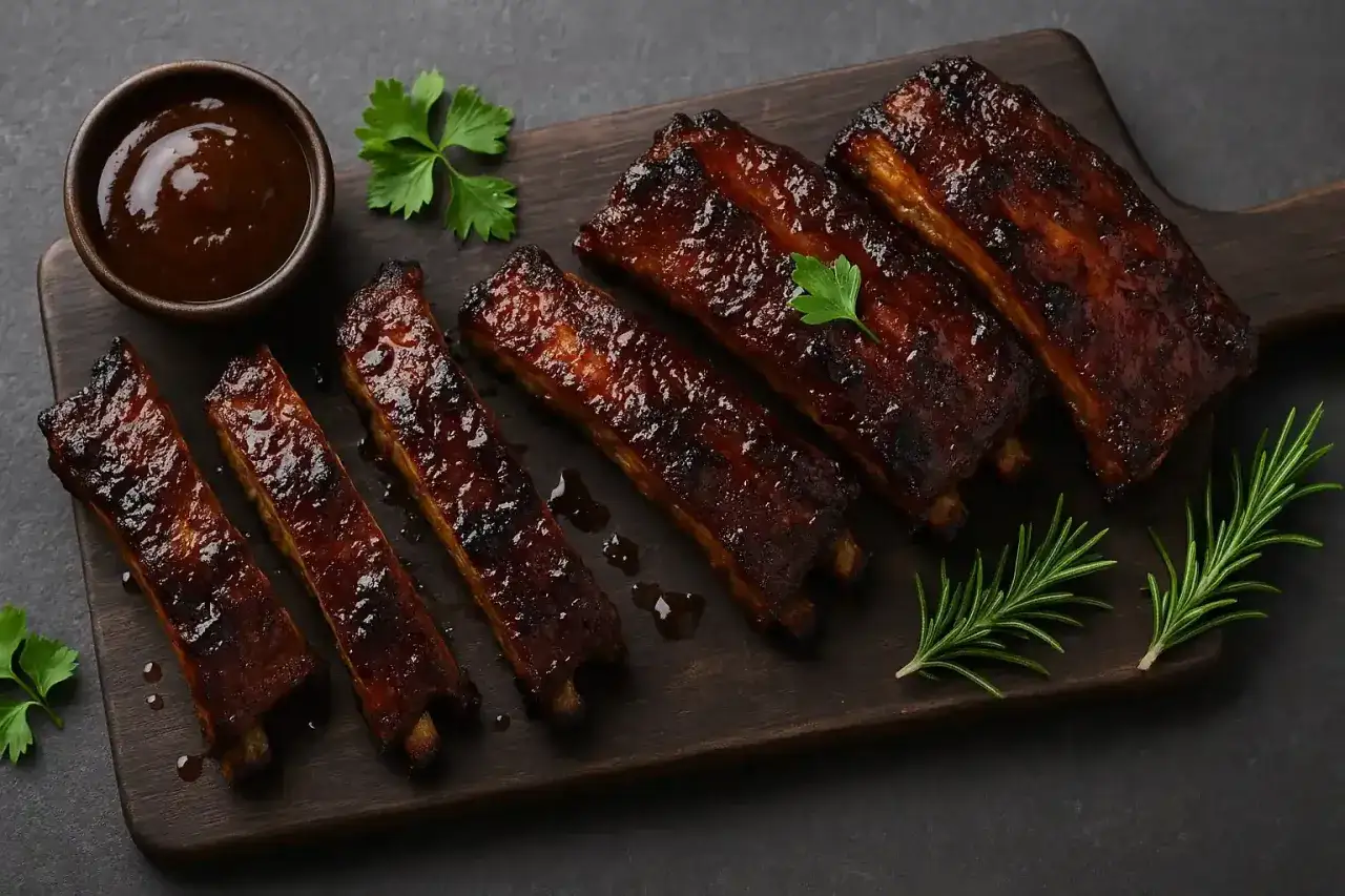 Côtelettes de porc glacées, prêtes à déguster. La marinade porc leur donne une belle couleur caramélisée. Servies avec une sauce barbecue et des herbes fraîches.