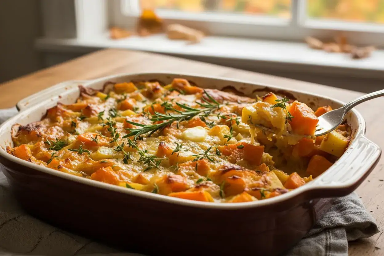 Un plat r&eacute;confortant de gratin de l&eacute;gumes, avec des morceaux de courge et de pommes de terre dor&eacute;s, garni d'herbes fra&icirc;ches.