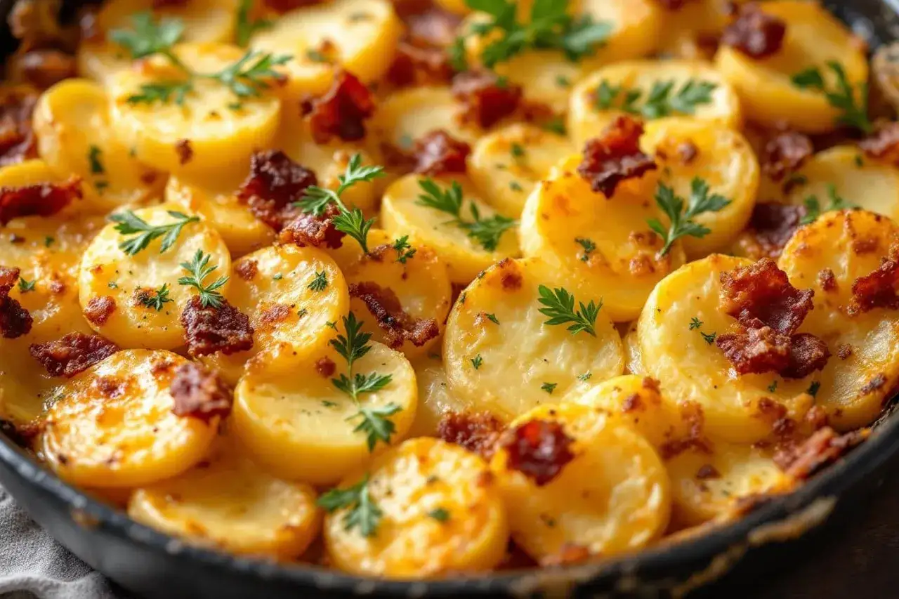 Un d&eacute;licieux gratin de pommes de terre et lardons, parsem&eacute; de persil frais, pr&ecirc;t &agrave; &ecirc;tre d&eacute;gust&eacute;.