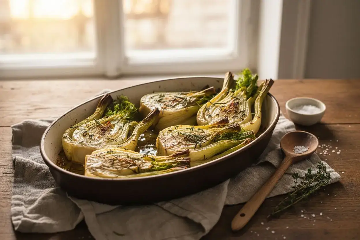 Fenouil braisé aux herbes, doré et tendre, servi dans un plat ovale sur une table en bois. Une cuillère en bois et un bol de sel complètent la scène.