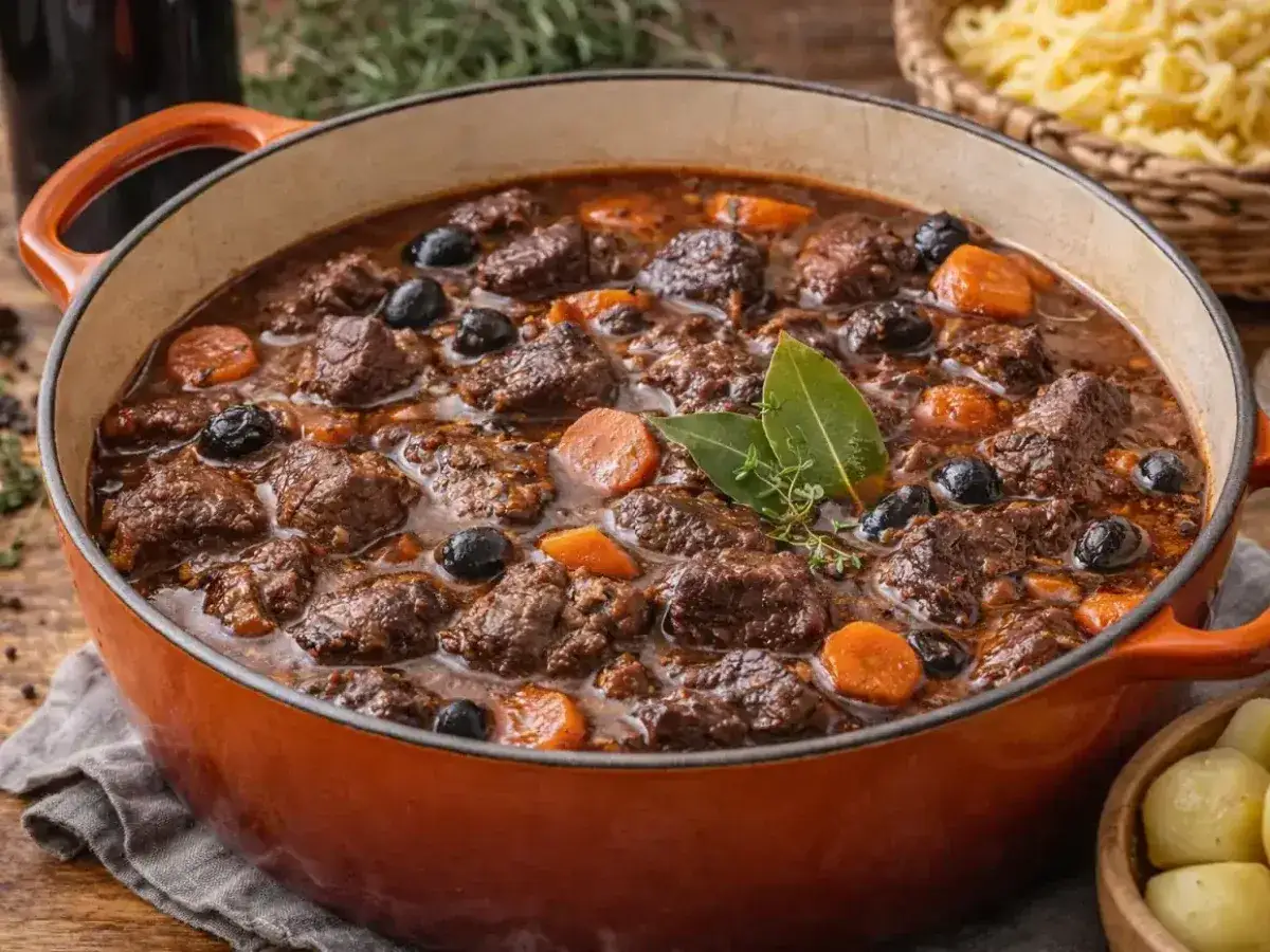 Un plat mijot&eacute; de daube de boeuf, avec des morceaux de viande tendres, des carottes, des olives noires et des herbes aromatiques, servi dans une cocotte orange.