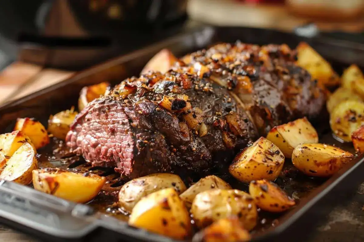 Un r&ocirc;ti de boeuf juteux et savoureux, r&ocirc;ti &agrave; la perfection avec des pommes de terre dor&eacute;es et croustillantes.
