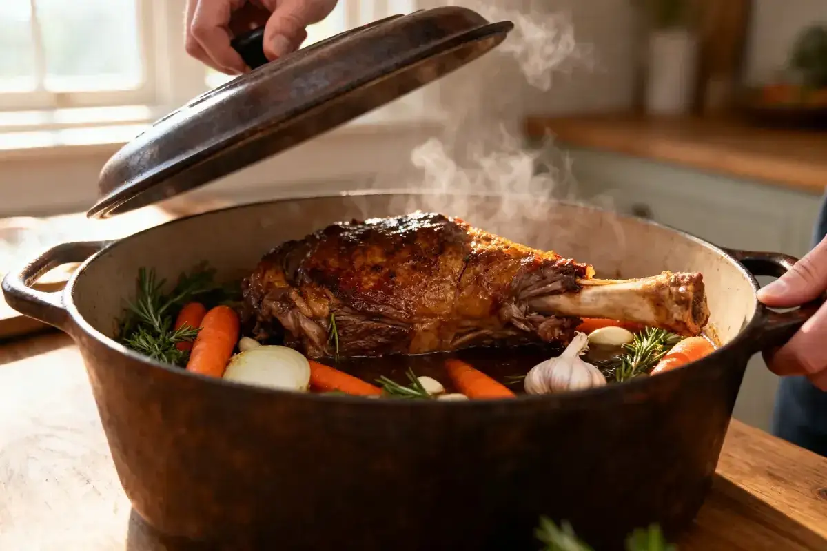 Une savoureuse selle d'agneau rôtie dans une cocotte avec des carottes, de l'ail et du romarin. La vapeur s'échappe du plat.