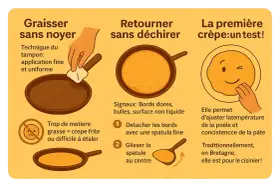 La première crêpe est un test pour ajuster la température. Une crêpe qui colle et se casse peut indiquer trop de matière grasse.