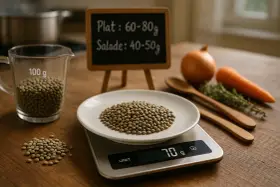 Balance de cuisine affichant 70g de lentilles. Une petite ardoise indique la quantité de lentilles par personne pour un plat ou une salade.