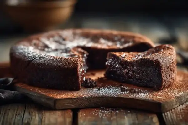 Un délicieux gâteau chocolat, saupoudré de sucre glace, est coupé sur une planche en bois rustique.