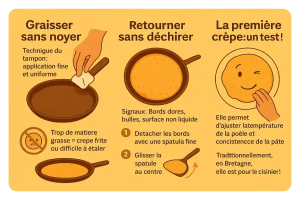 La première crêpe est un test pour ajuster la température. Une crêpe qui colle et se casse peut indiquer trop de matière grasse.