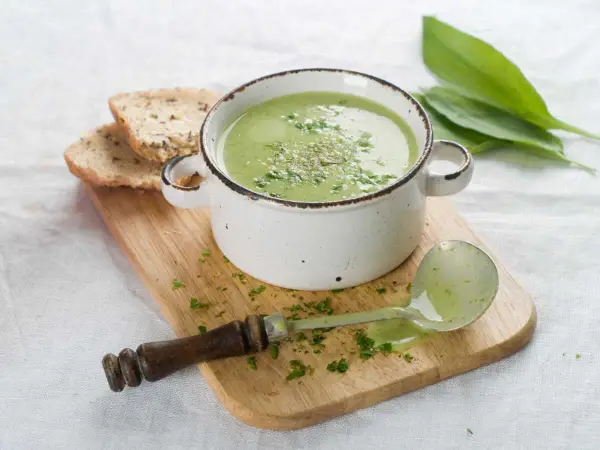 Délicieuse soupe courgette verte, garnie d'herbes fraîches, servie avec du pain grillé et une louche.