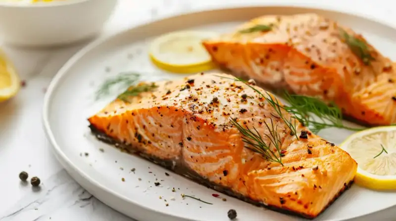 Deux pavés de saumon parfaitement cuits au four, assaisonnés de poivre et d'aneth, accompagnés de rondelles de citron. Le temps de cuisson saumon four idéal pour un plat savoureux.