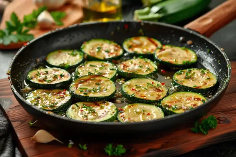 Tranches de courgettes dorées à la poêle, parsemées d'herbes et d'épices. Une délicieuse recette de courgette à la poêle prête à être dégustée.