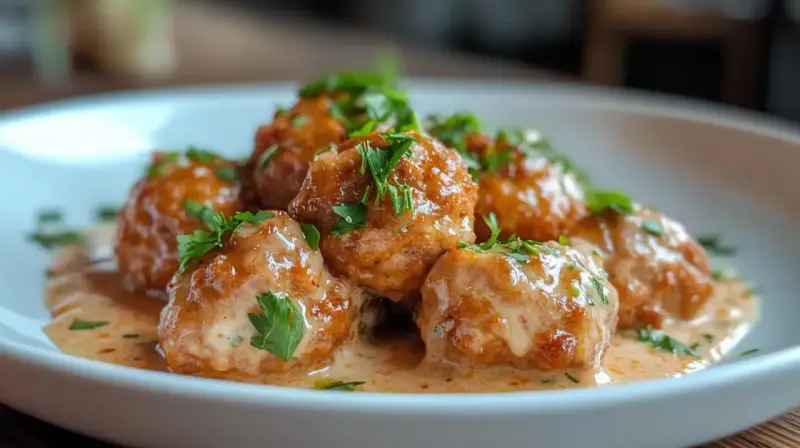 Boulettes de viande savoureuses baignant dans une sauce crémeuse, garnies de persil frais. Un plat réconfortant prêt à être dégusté.