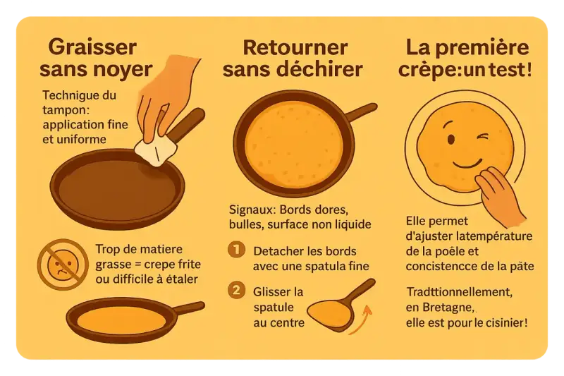 La première crêpe est un test pour ajuster la température. Une crêpe qui colle et se casse peut indiquer trop de matière grasse.