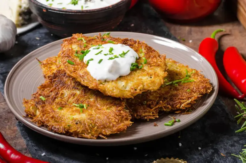 Trois galettes de pomme de terre dorées et croustillantes, garnies de crème aigre et de ciboulette, sur une assiette.