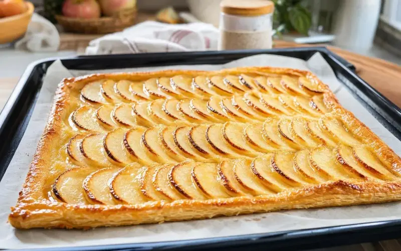 Une tarte aux pommes rectangulaire, aux fines tranches de pommes dorées sur une pâte feuilletée croustillante, prête à être dégustée.